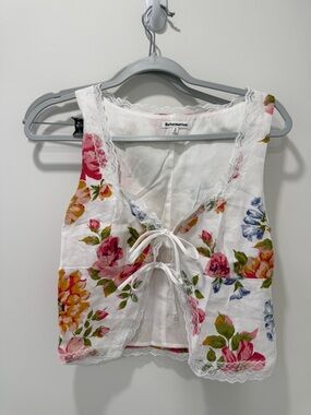 Reformation White Floral Lace-Trim Tie-Front Camisole